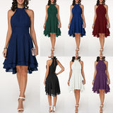 Fashionkova  Women Summer Dress Elegant Halter Sleeveless Solid Color Party Dresses High Waist Irregular Hem Chiffon Dress Slim Midi Dress