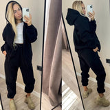 Fashionkova  Elegant Zipper Hooded Sweatshirt & Sport Pants Suit Women Casual Long Sleeve Solid Outfits Fashion Tracksuit Loose Two Piece Set