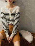 Fashionkova  French New Half-Open Round Neck Striped Wool Knit Women's Spring And Autumn Loose Pullover Long Sleeve Cashmere Base Sweater