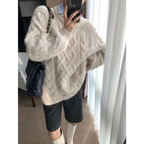 Fashionkova  Version Of Loose Languid Lazy Wind Twisted Flower Thickened Woolen Knit Woman Autumn Winter Round Neck Long Pullover Sweater