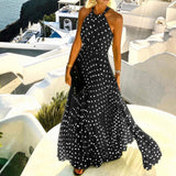 Fashionkova  Sexy Women Sleeveless Pleated Maxi Dresses Summer Halter O Neck Long Dress Boho Printed Beach Sundress Party Dress Robe De Plage