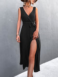 Fashionkova  2022 Summer Sleeveless Maxi Dress Women Elegant Long Party Dress Ladies V Neck Floor Length Dress For Women Black Red