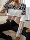 Fashionkova  Wide White Leopard Grey Strips Long Sleeves O Neck  Autumn Winter 2022 Women Pullover Sweater Office Lady