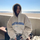 Fashionkova  Womens Clothing Grey Vintage Street Sweatshirt Hoodie Letter Printing Long Sleeves Casual Warm Oversize Baggy Ladies Tops Autumn