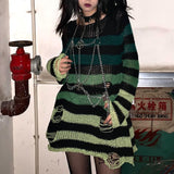 Fashionkova  Gothic Striped Sweaters Loose Grunge Pullover Oversized Hollow Out Emo Alt Clothes Women Dark Academia Hole Jumpers Y2k