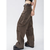 Fashionkova  Summer Brown Overalls Jeans Women's Fashion Trousers Hip Hop High Waist Wide Leg Baggy Casual Cargo Straight Pants Streetwear