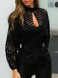 Fashionkova  Sexy Black Women Mesh Sheer Blouses Ladies Long Sleeve Striped Front Hollow Out Transparent Shirts Blusas Mujer Camisas
