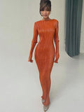 Fashionkova  2022 Spring Summer Y2K Orange Bodycon Maxi Dress Women Elegant Long Sleeve Pleated Dress Casual Slim Plisse Dresses