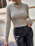 Fashionkova  Slim Fitting Tan Light Brown Long Sleeves Turtle Neck Autumn Winter 2022 Women Pullover Sweater Office Lady