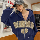 Fashionkova  Letter Embroidery Hoodies Women Autumn Retro Oversized Loose Zipper Hooded Sweatshirts Y2k Casual Long Sleeve Hoodie Streetwear