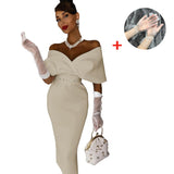 Fashionkova   White Dress Elegant Women V-Neck Evening Party Bodycon Midi Dress With A Belt Summer Off Shoulder Birthday Prom Tight Dresses