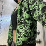 Fashionkova  Y2K Emo Women Streetwear Green Gothic Skull Sweatshirt Hip Hop Graphic Aesthetic Grunge Zip Up Hoodie Tops Jacket Alt Clothes