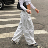 Fashionkova  Casual Baggy Wide Leg Sweatpants White Loose Drawstring Low Waist Streetwear Cargo Pants Womens Hippie Joggers Trousers