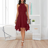 Fashionkova  Women Summer Dress Elegant Halter Sleeveless Solid Color Party Dresses High Waist Irregular Hem Chiffon Dress Slim Midi Dress
