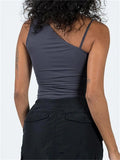 Fashionkova Off Shoulder Strap Ruched Tank Crop Tops 2023 Women Sleeveless Solid Slim Fit Irregular Hem Vest Summer Streetwear