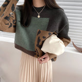 Fashionkova  Winter Vintage Leopard Patchwork Sweater Women Casual Cashmere Knitted Pullovers Ladies Outwear Oversized Female Jumpers