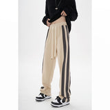 Fashionkova  Khaki Womans Sweat Pants High Waist Summer Vintage Straight Trouser American Style Stripe Baggy Wide Leg Drawstring Sweat  Pants