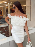 Fashionkova  Elegant Women White Strapless Ruffle Floral Decoration Mini Dress 2022 New Arrival Straight Slim Evening Party Dresses