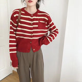 Fashionkova  Fashion Patchwork Striped Cashmere Knitted Cardigan Women's Sweater Spring And Autumn Round Neck Loose Pocket Top Sweater Jacket