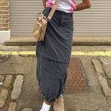 Fashionkova  Gray Casual Baggy Loose Size Cargo Skirts Womens Big Pockets Streetwear Drawstring Hem Low Waist Hippie Long Skirt Y2K