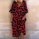 Fashionkova  Summer Fashion Women Leopard Print Beach Dress Boho Ruffle Sleeve V-Neck Dresses Casual Loose Long Dresses Loose Robe Été