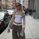 Fashionkova  Y2K Hollow Out Crop Top Knitted Sweater Women Retro Long Sleeve T Shirt 2022 Summer Patched Tee Fairy Grunge Crochet Pullovers