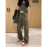 Fashionkova  Grey Women's Cargo Jeans High Waist Vintage Straight Baggy Denim Pants Streetwear American Style Fashion Wide Leg Denim Trouser