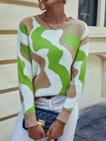 Fashionkova  Brown White Green Colors Wave Strips Patchwork Long Sleeves O Neck Knit Autumn Winter 2022 Women Pullover Sweater Tops