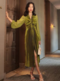Fashionkova  Y2K Pleated Lantern Sleeves Elegant Maxi Dress For Woman Liuli Green Straps Evening Party Clubwear Fashion Slim Bodycon Dresses