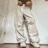 Fashionkova  Drawstring Low Waist Wide Leg Cargo Pants Baggy Hippie Korean Trousers Women Pocket Casual Button Streetwear Bottoms