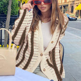 Fashionkova  2022 Autumn Knitted Long Sleeve Cardigan Women Red Stripe Loose V Neck Oversized Sweater Tops Fashion Casual Pullover