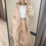 Fashionkova  Elegant Zipper Hooded Sweatshirt & Sport Pants Suit Women Casual Long Sleeve Solid Outfits Fashion Tracksuit Loose Two Piece Set