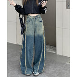 Fashionkova Blue Women Jeans High Waist Fashion American Spliced Design Y2K Oversized Chic Wide Leg Jean Female Trouser Baggy Denim Pants