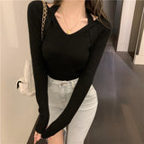 Fashionkova  2022 Women Autumn Thin Knitted Sweater Irregular V-Neck Long Sleeve Slim Knit Pullover Female Chic Solid Color Bottoming Tops