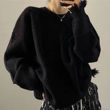 Fashionkova  Gothic Style Punk Black Knitted Sweater Women Oversize O-Neck Goth Grunge Knit Pullover Korean Fashion Long Sleeve Tops