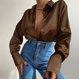 Fashionkova  Elegant Satin Blouses Women 2022 Spring Summer Solid Long Sleeve Vintage Chic Blue Green Casual Loose Button Silk Shirts Tops