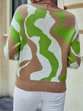 Fashionkova  Brown White Green Colors Wave Strips Patchwork Long Sleeves O Neck Knit Autumn Winter 2022 Women Pullover Sweater Tops