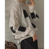 Fashionkova  Fashion Patchwork Color Round Neck Checkered Cashmere Sweater For Women Fall/Winter Loose Jumper Sweater  Versatile