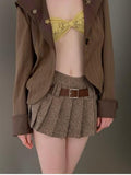 Fashionkova Vintage Brown Plaid Skirt Women Y2k Streetewear Low Waist A-line Old Money Sexy Mini Pleated Skirt Summer 90s Aesthetic