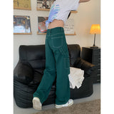 Fashionkova  Green Vintage Jeans Woman's High Waist 2022 Summer Wide Leg Denim Trouser Baggy Streetwear Chic Design Straight Jean Cargo Pants