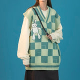 Fashionkova  Korean Style Plaid Green Sweater Vest Women Vintage Cartoon Print  Knitted Jumper Female Sleeveless V-Neck Autumn Tops