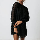 Fashionkova  2022 Spring Chiffon Mini Dress Women Long Puff Sleeve  Party Dresses Ladies Sweet Ruffled Loose Dot Pom Dress Vestido Playa