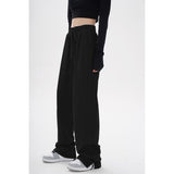 Fashionkova   Women's Sports Pants High Waist Straight Baggy Slit Trouser Street Vintage Casual Summer Wide Leg Drawstring Design Sweat Pants