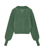 Fashionkova  Wool Solid Green Pullover Sweater For Women Turn Down Collar V-Neck Autumn Winter Knitting Clothing Lantern Sleeves