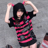 Fashionkova   Emo Style T Shirt Summer Goth Striped Graphic Tee Y2k 2000S Egirl Grunge Punk Black Devil Ears Hoodie Women Gothic Alt Clothes