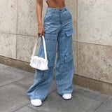 Fashionkova  Women 90S Y2K Patchwork Wide Leg Mom Jeans Big Pocket Cargo Pants Vintage Mopping Pants Casual Streetwear Boyfriend Denim Jeans