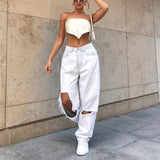 Fashionkova  High Waist Hole Ripped White Jeans Women Y2K Vintage 90S Denim Straight Pants Streetwear Hollow Boyfriend Baggy Denim Trousers