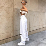 Fashionkova  High Waist Hole Ripped White Jeans Women Y2K Vintage 90S Denim Straight Pants Streetwear Hollow Boyfriend Baggy Denim Trousers