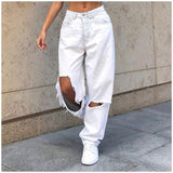 Fashionkova  High Waist Hole Ripped White Jeans Women Y2K Vintage 90S Denim Straight Pants Streetwear Hollow Boyfriend Baggy Denim Trousers