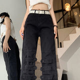 FashionKova - Black Ankle Straight Cargo Jeans